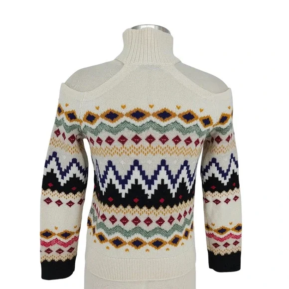Alice + Olivia Leora Fairisle Turtleneck Wool Sweater Cold Shoulder Long Sleeve - Picture 4 of 7